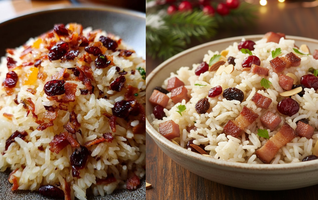 Preparei esse ARROZ NATALINO COM AMÊNDOAS, PASSAS E BACON e ele virou o acompanhamento mais elogiado da ceia