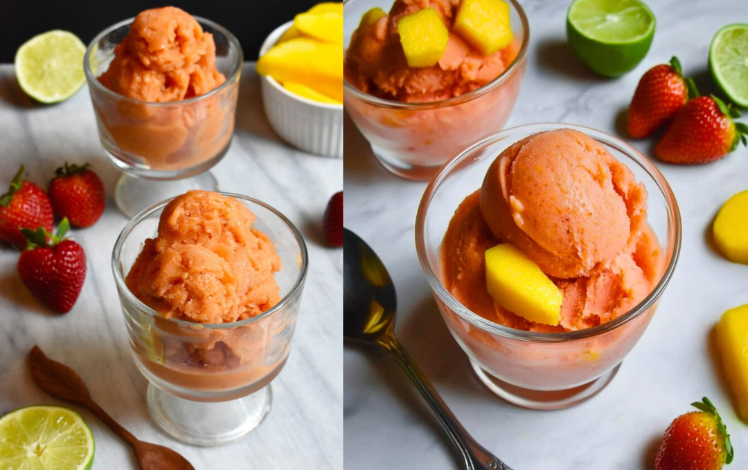 Preparei esse SORBET DE MANGA COM MORANGO e a cor vibrante deixou todo mundo apaixonado antes mesmo da primeira colherada