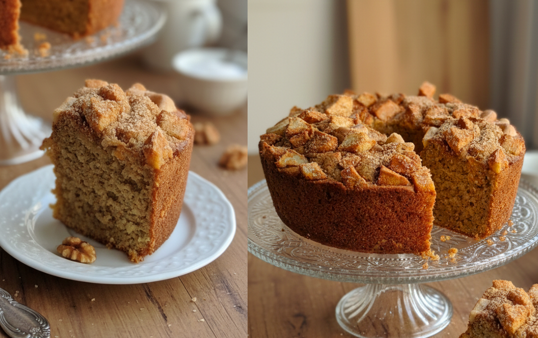 Preparei esse BOLO DE NOZES E MAÇÃ e a crostinha de açúcar e canela deixou a casa com aquele perfume de abraço