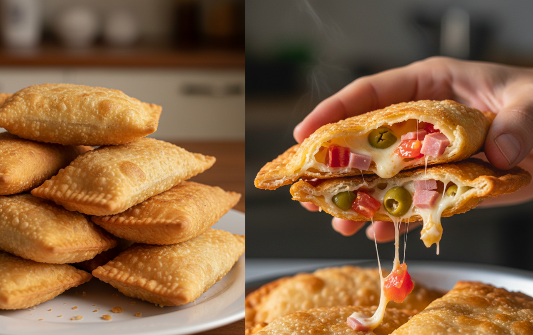 Preparei esse PASTEL DE PIZZA caseiro e a crocância da massa com o recheio derretendo virou o sucesso do nosso lanche