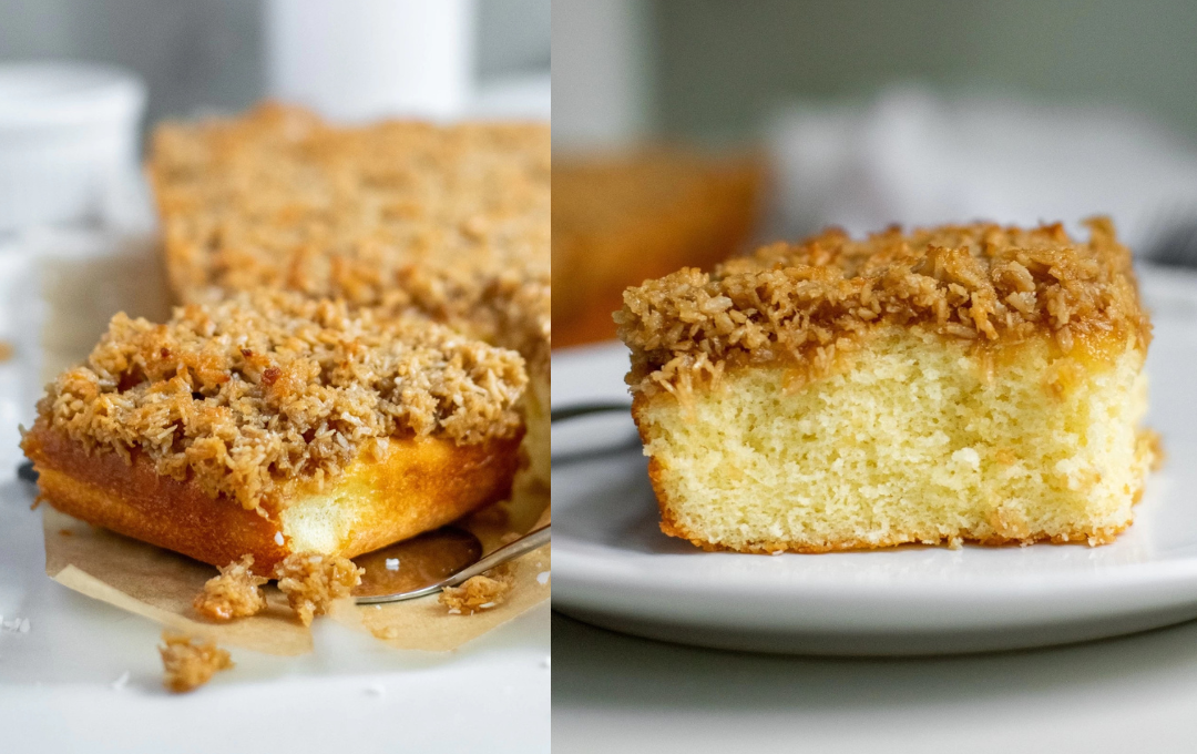 Esse BOLO DOS SONHOS COM COCADA tem uma cobertura que gruda no topo e deixa a massa ainda mais úmida por baixo