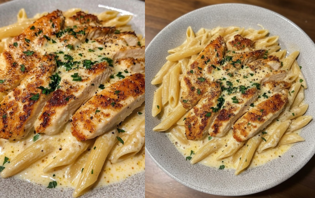 Esse MACARRÃO CREMOSO DE ALHO E PARMESÃO COM FILÉ DE FRANGO tem cara de receita simples, mas gosto de prato caprichado