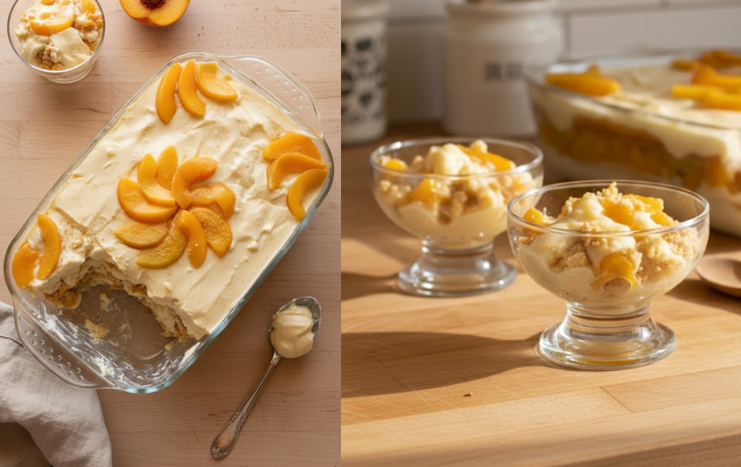 Esse PAVÊ DE PÊSSEGO tem um creme tão sedoso que a colher afunda sozinha e ninguém consegue parar na primeira camada