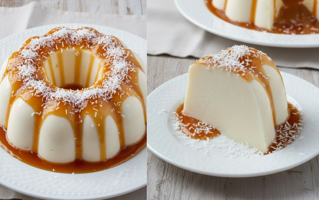 Fiz esse PUDIM DE COCO CREMOSO (SEM FORNO) e o contraste da textura macia com o caramelo me conquistou