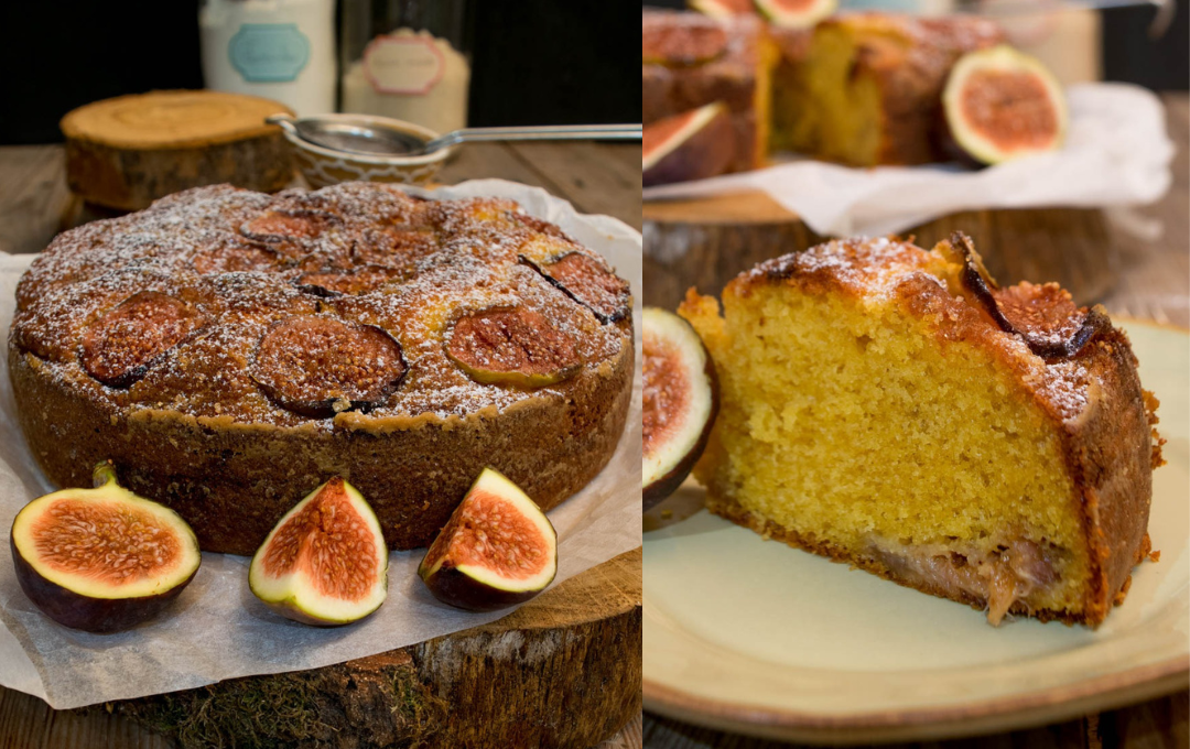 Esse BOLO DE FIGOS CARAMELIZADOS esconde uma camada de frutas no meio da massa que só aparece quando a faca desce