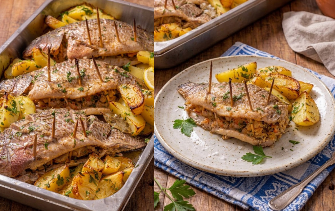 Essa TILÁPIA ASSADA À MODA CAIÇARA sai do forno inteira, recheada de farofa de camarão e com batatas que derretem na boca